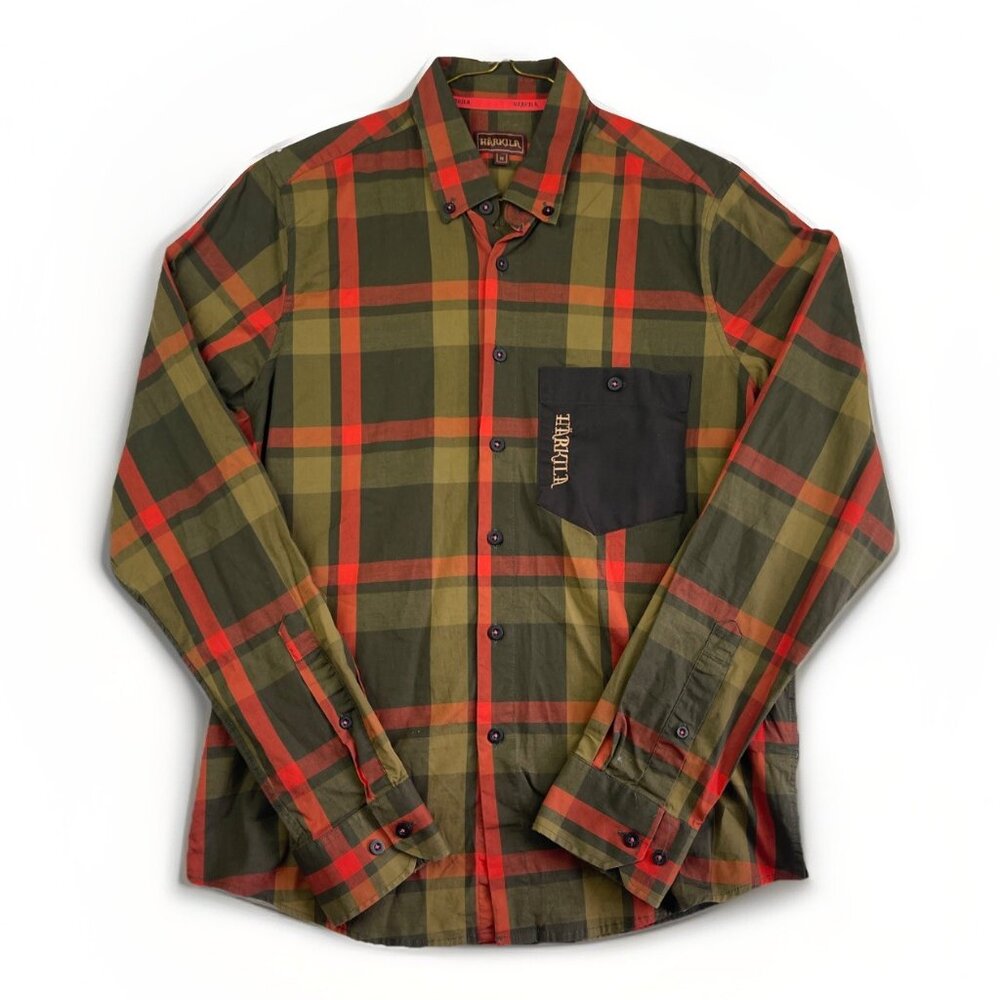 Men's Olive & Red Plaid Button-Down Shirt